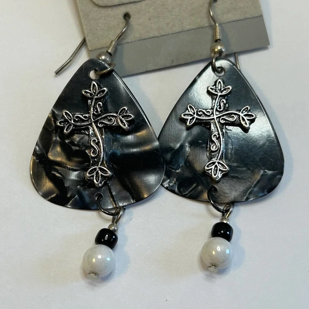 Black and Gray‎ Pearlescent Guitar Pick Earrings Handmade New